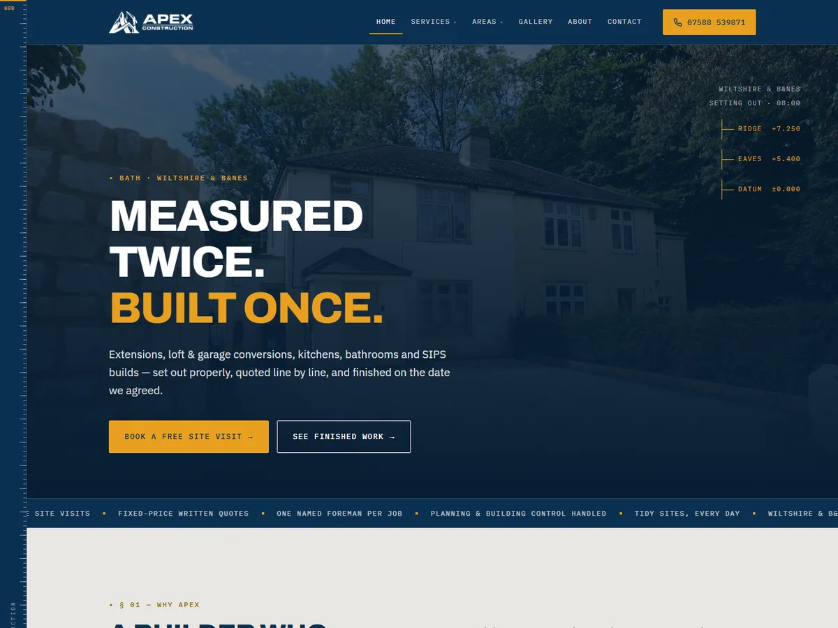 Apex Construction homepage — a dark photographic hero with the headline "Measured twice. Built once."