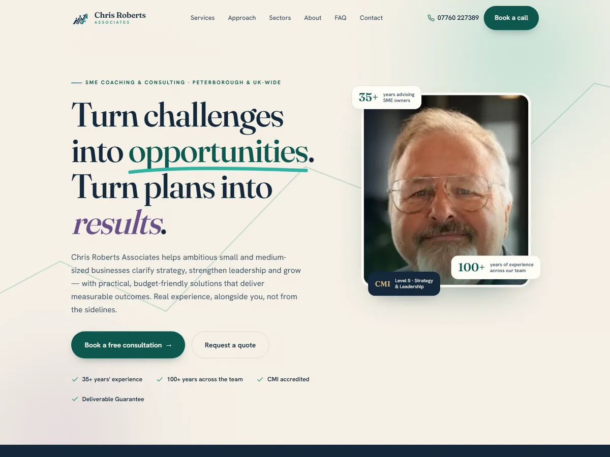 Chris Roberts Associates homepage — the headline "Turn challenges into opportunities" beside a portrait of the consultant.