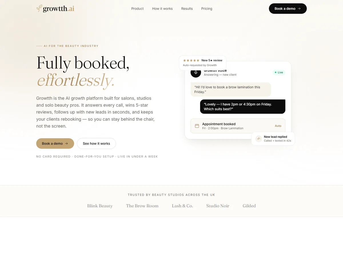 Growtth.ai homepage — the headline "Fully booked, effortlessly" beside a mock booking conversation.