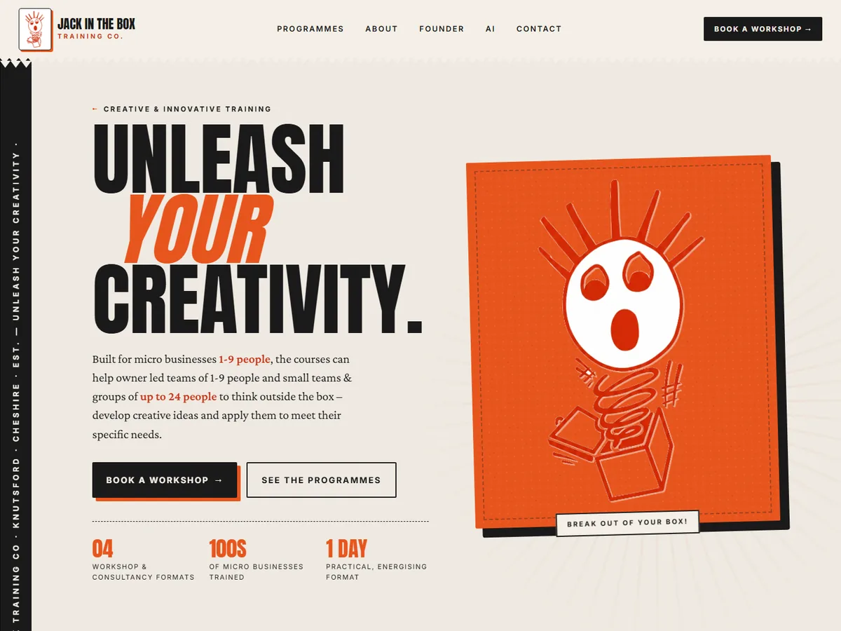 Jack in the Box Training homepage — the headline "Unleash your creativity" beside an orange jack-in-the-box illustration.
