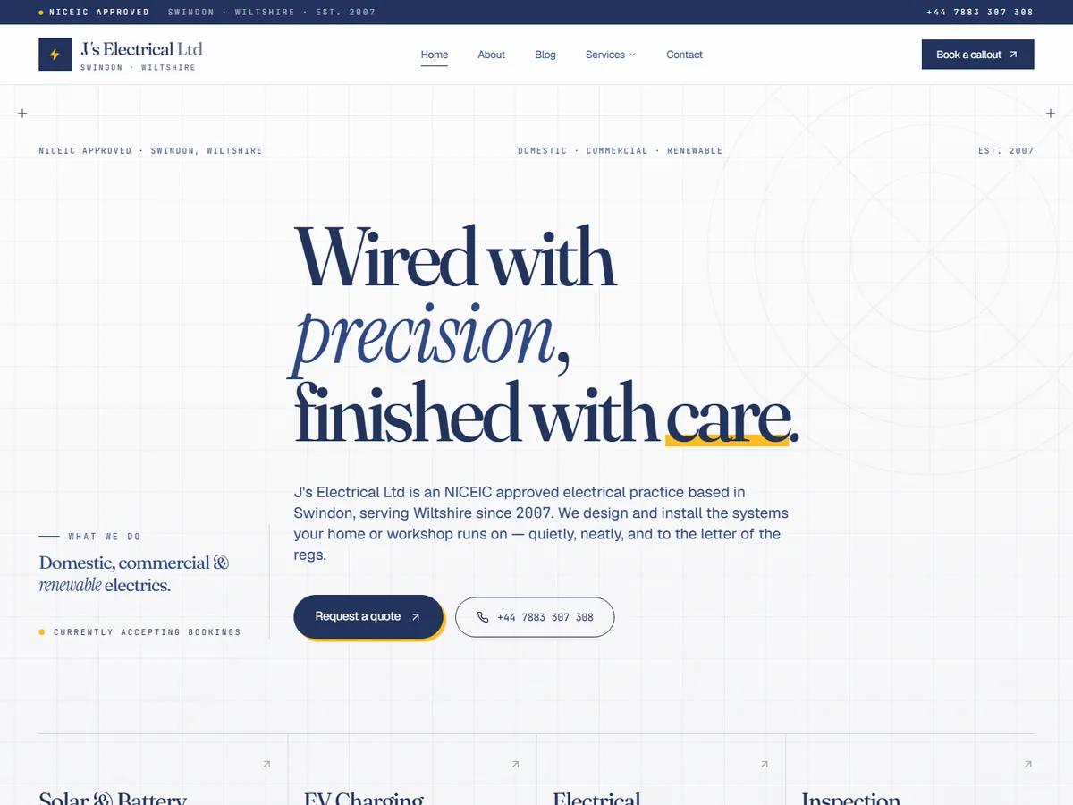 J's Electrical Ltd homepage — serif headline "Wired with precision, finished with care."
