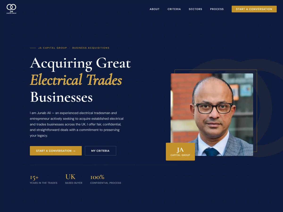 Junab Ali homepage — navy page with the headline "Acquiring great electrical trades businesses" beside a portrait.
