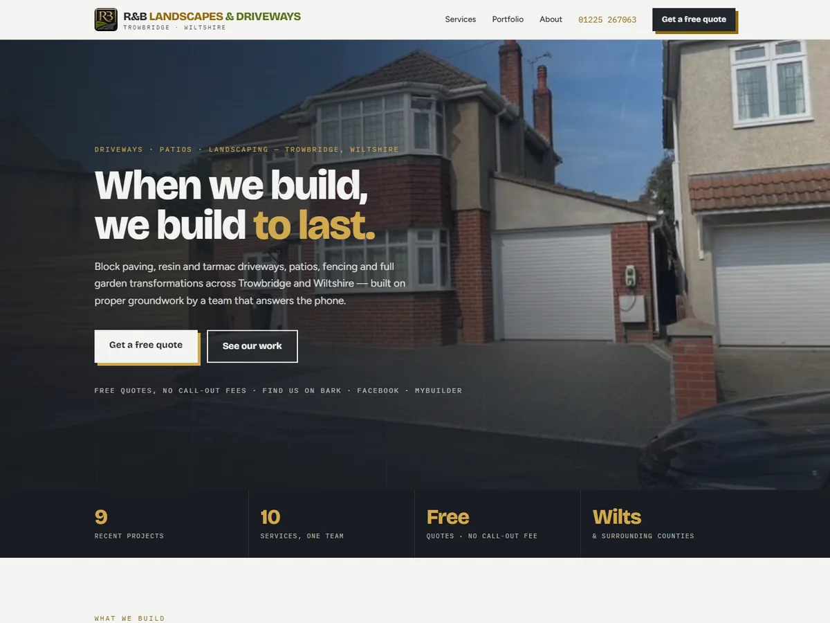 R&B Landscapes & Driveways homepage — a finished block-paved driveway behind the headline "When we build, we build to last."