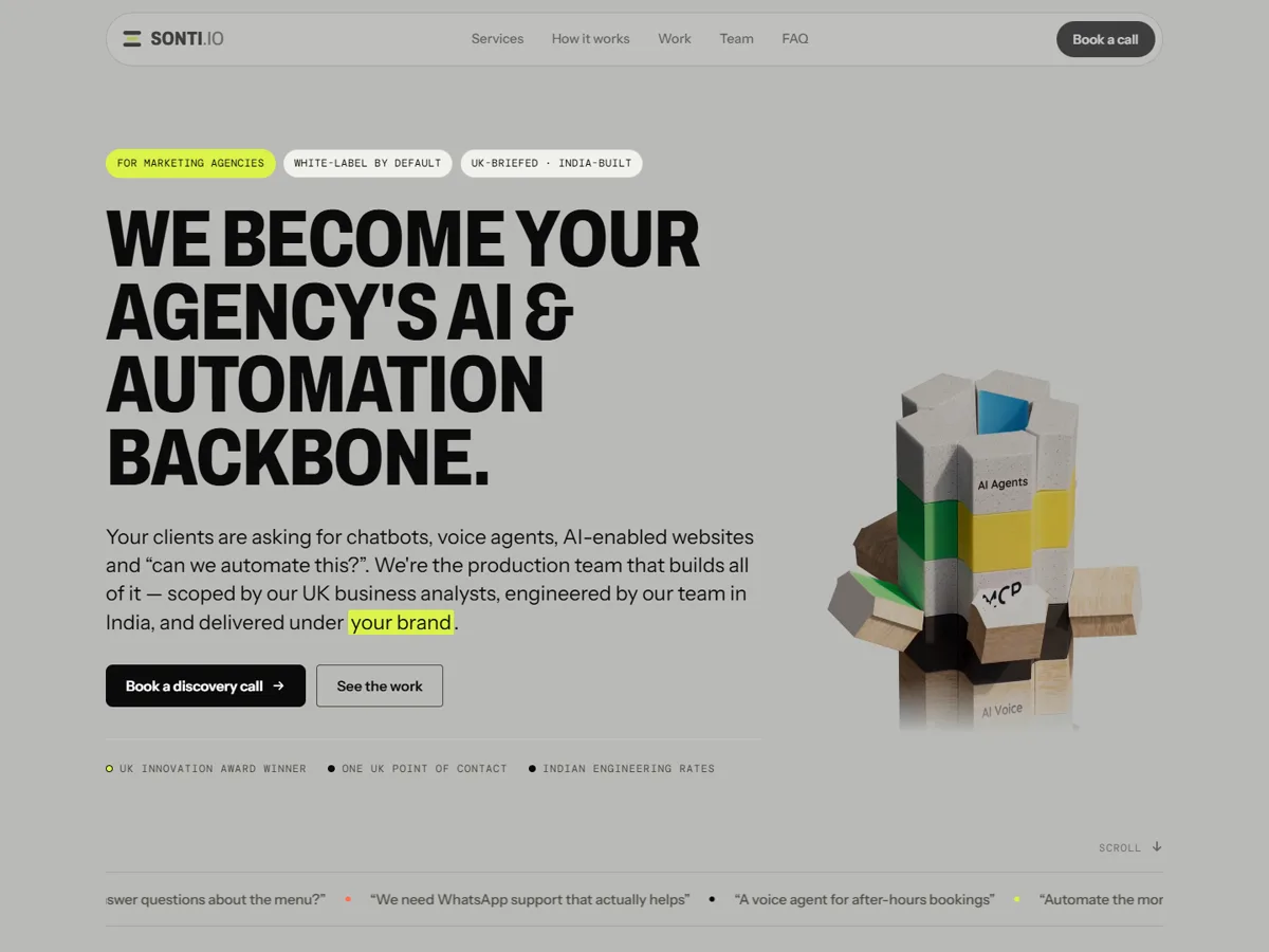 Sonti.io homepage "We become your agency's AI and automation backbone" in heavy black type, beside a stacked wooden-block sculpture labelled AI Agents and AI Voice.