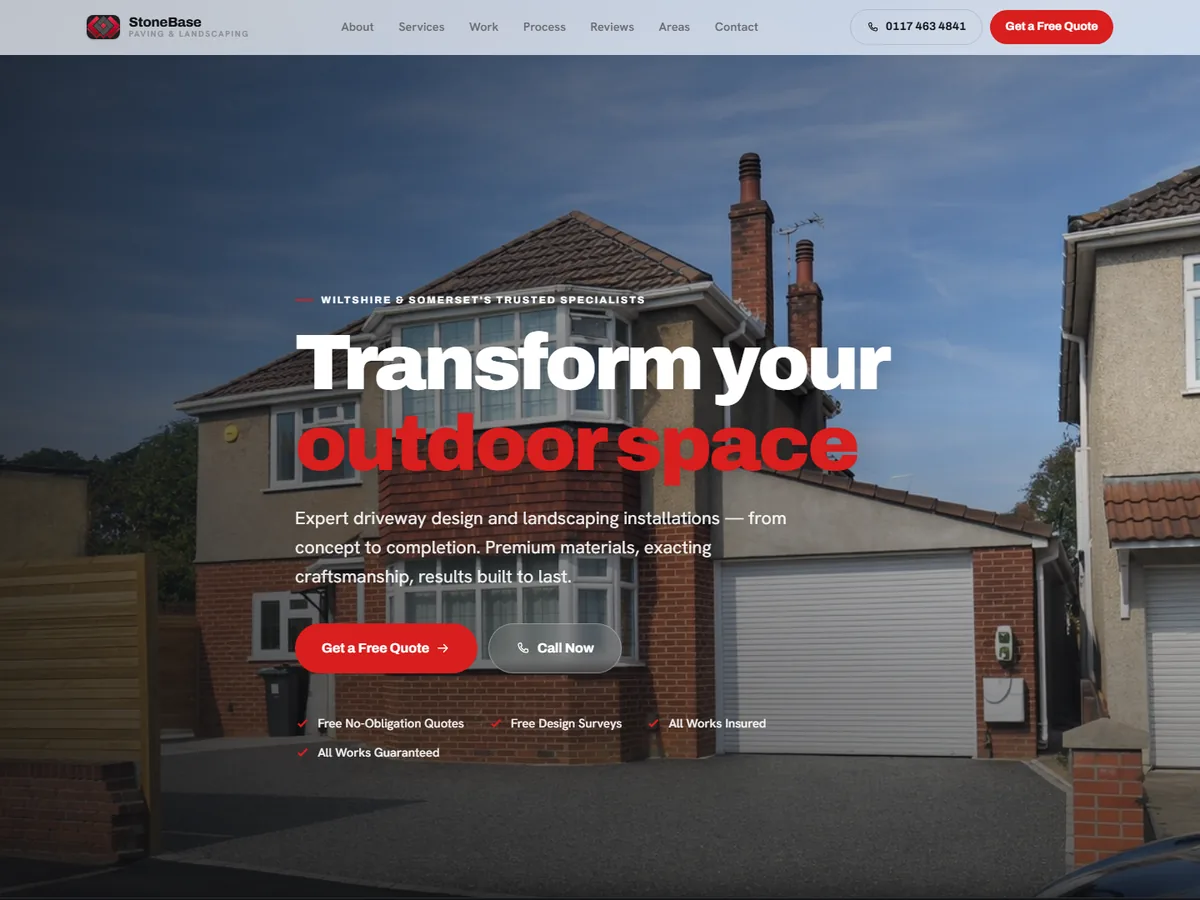 StoneBase Paving homepage — a driveway photograph behind the headline "Transform your outdoor space."